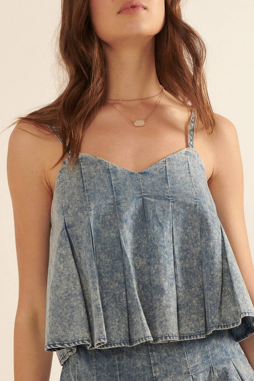 Sophia Denim Acid-Wash Pleated Tank Top