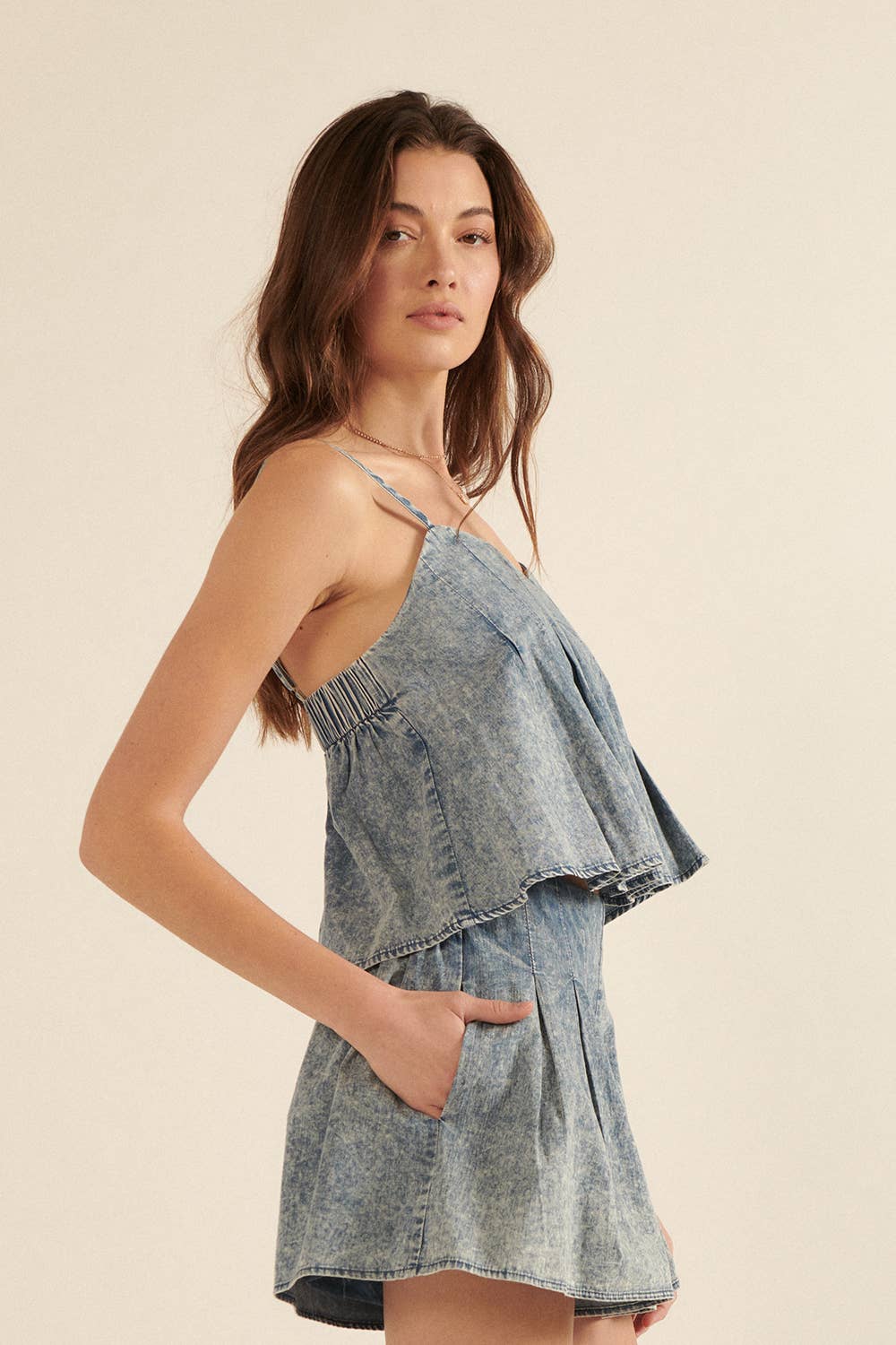 Sophia Denim Acid-Wash Pleated Tank Top