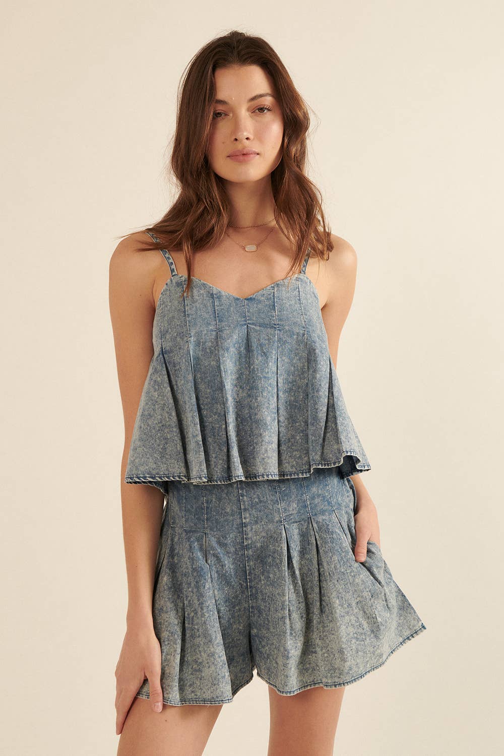 Sophia Denim Acid-Wash Pleated Tank Top