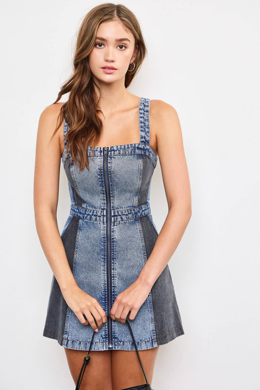 Kinsley Two Tone Zipper Front Denim Dress