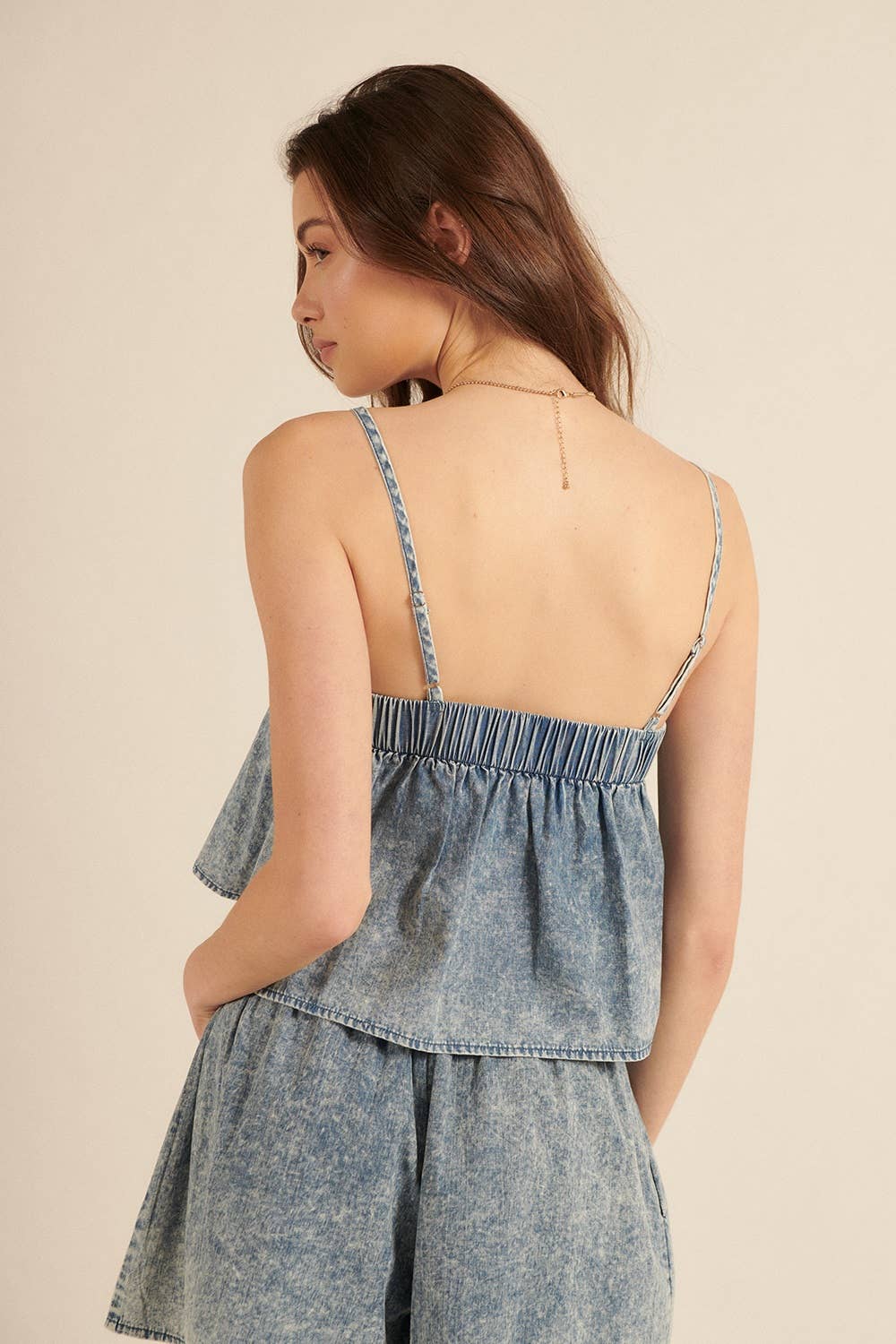 Sophia Denim Acid-Wash Pleated Tank Top