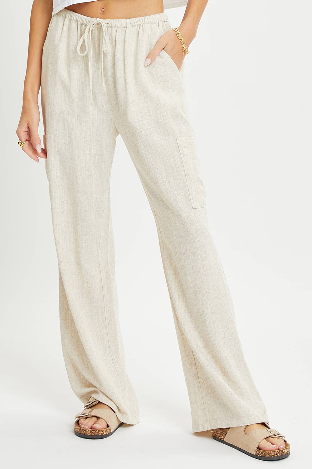 Linen Blend Drawstring Pants Oatmeal