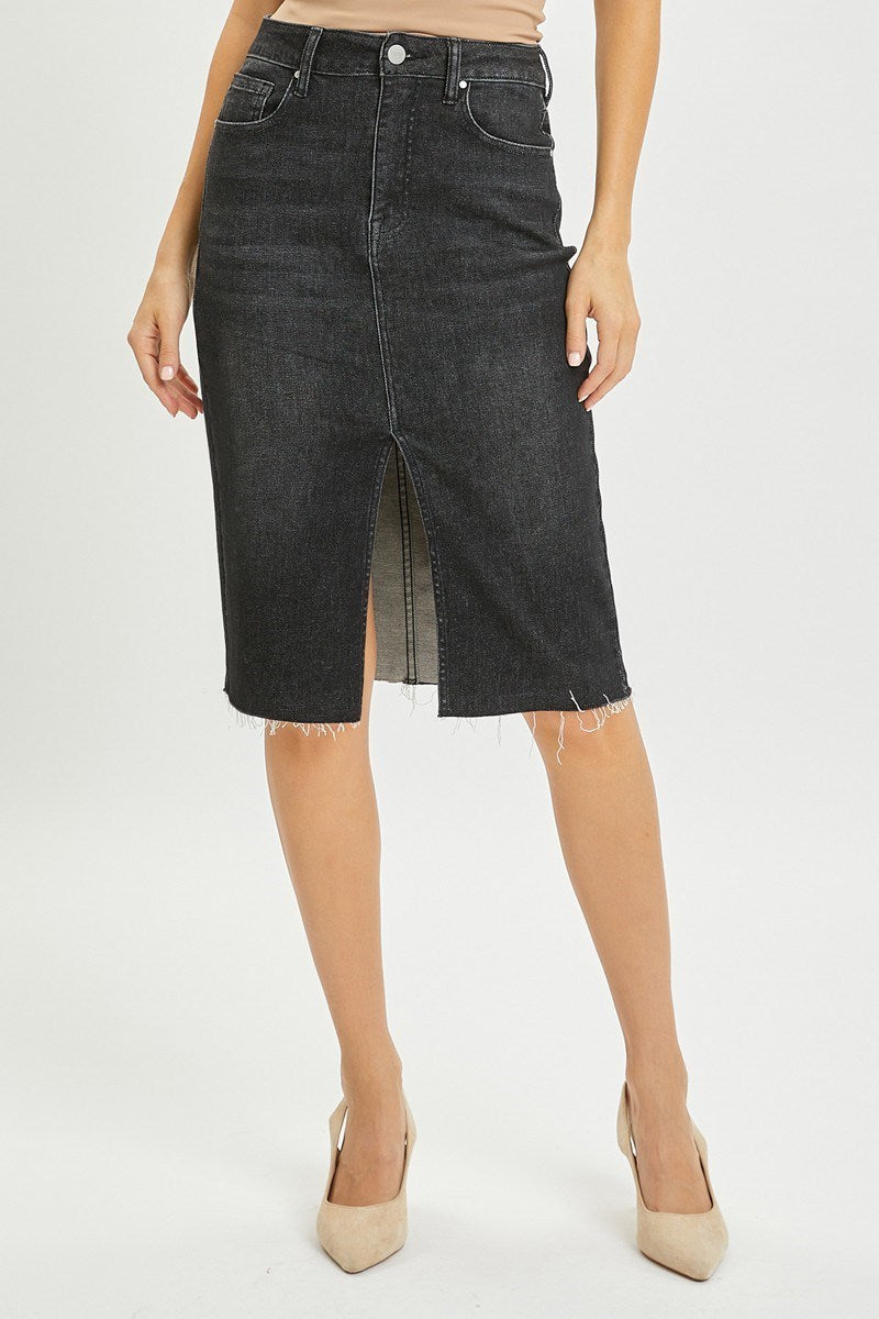 Risen High Waist Black Denim Pencil Skirt