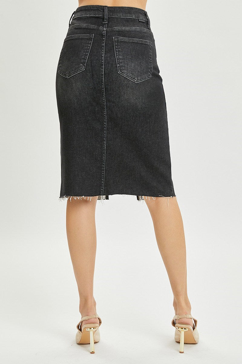 Risen High Waist Black Denim Pencil Skirt