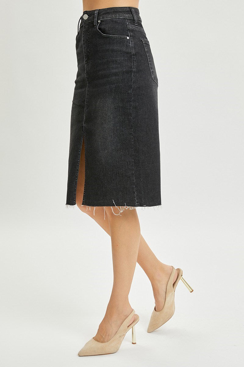 Risen High Waist Black Denim Pencil Skirt