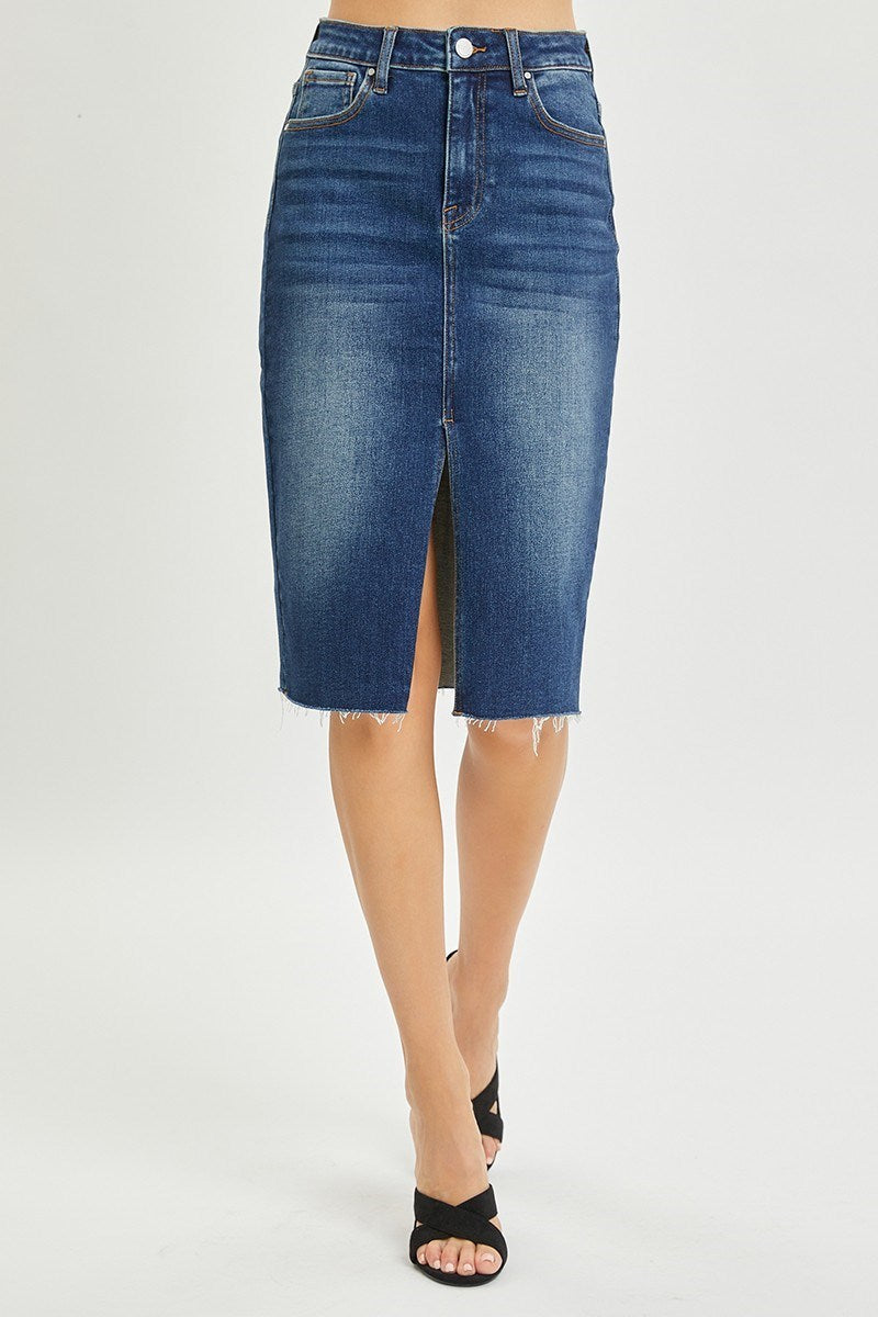 Risen High Waist Dark Denim Pencil Skirt