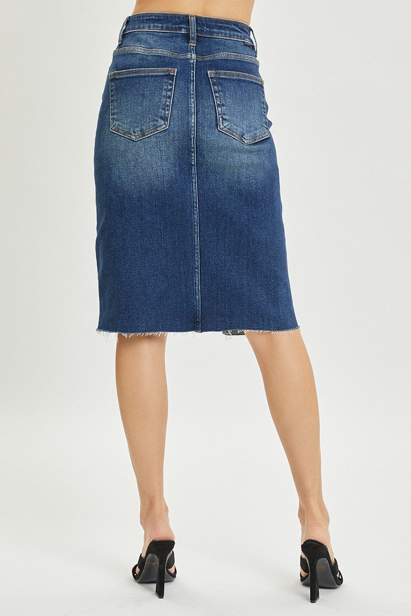 Risen High Waist Dark Denim Pencil Skirt