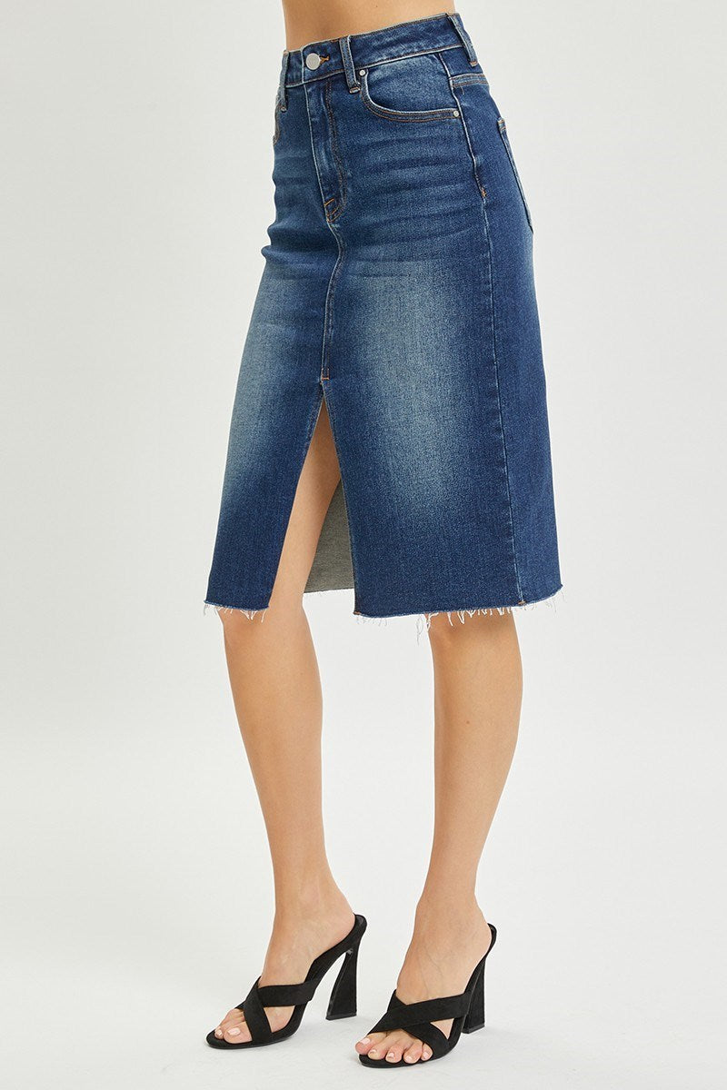 Risen High Waist Dark Denim Pencil Skirt