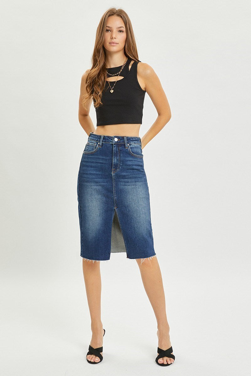 Risen High Waist Dark Denim Pencil Skirt