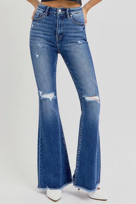 Risen High Waist Distressed Flare Jeans