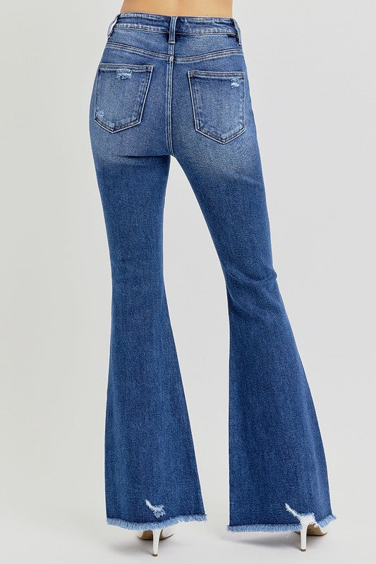 Risen High Waist Distressed Flare Jeans