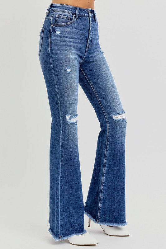 Risen High Waist Distressed Flare Jeans