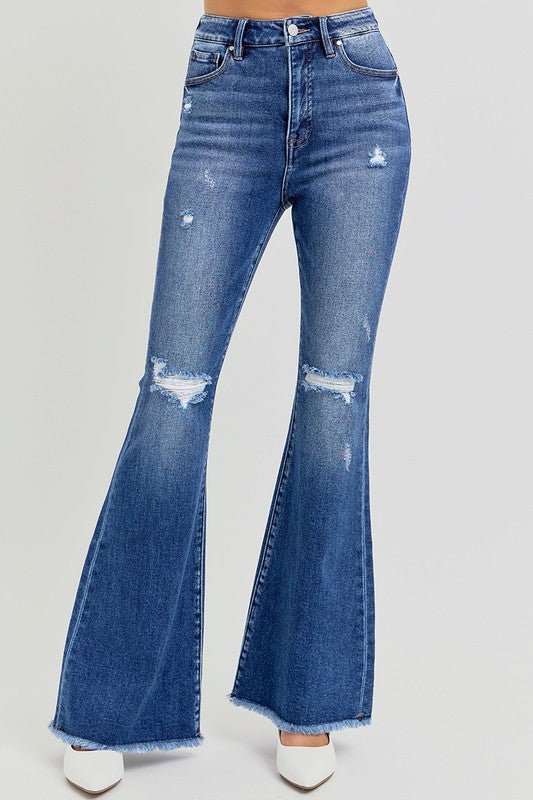 Risen High Waist Distressed Flare Jeans