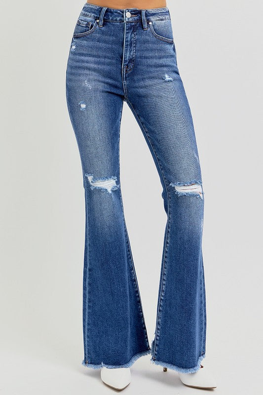 Risen High Waist Distressed Flare Jeans