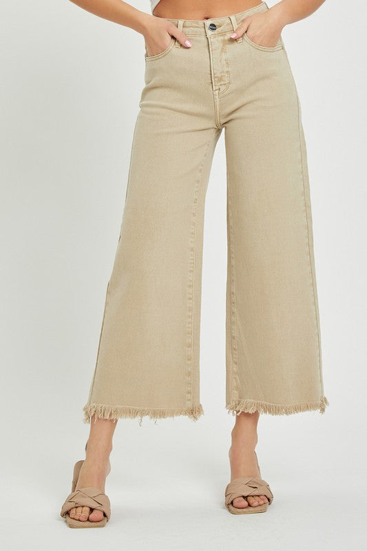 Risen High Waist Khaki Wide Leg Crop Jeans