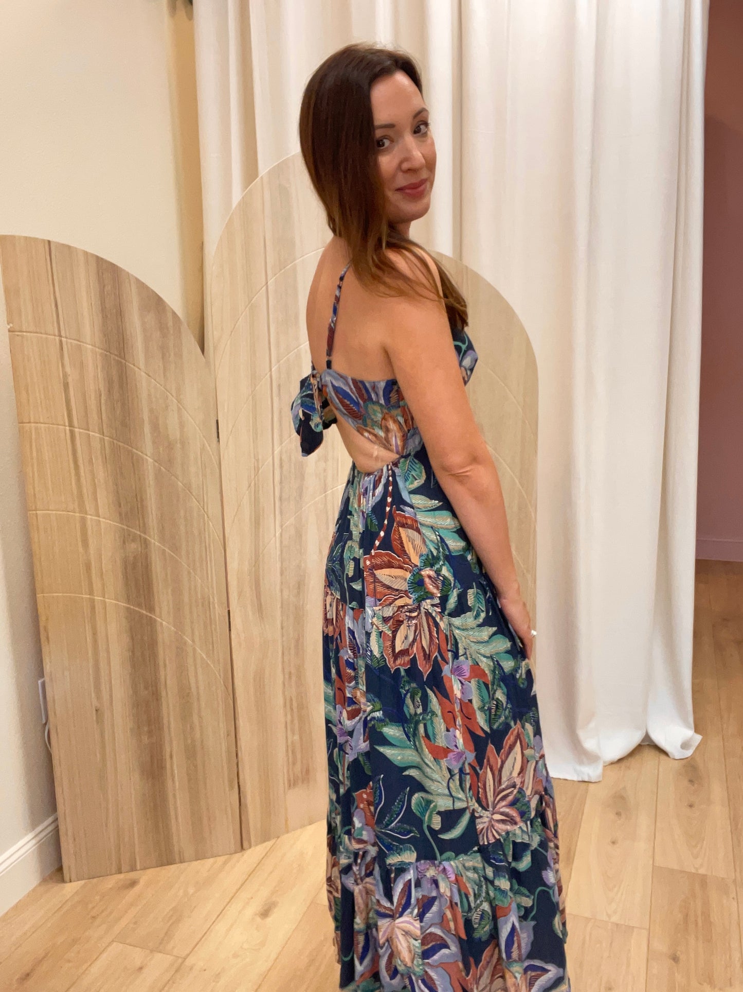 Elena Tropical Print Tie Back Maxi Dress