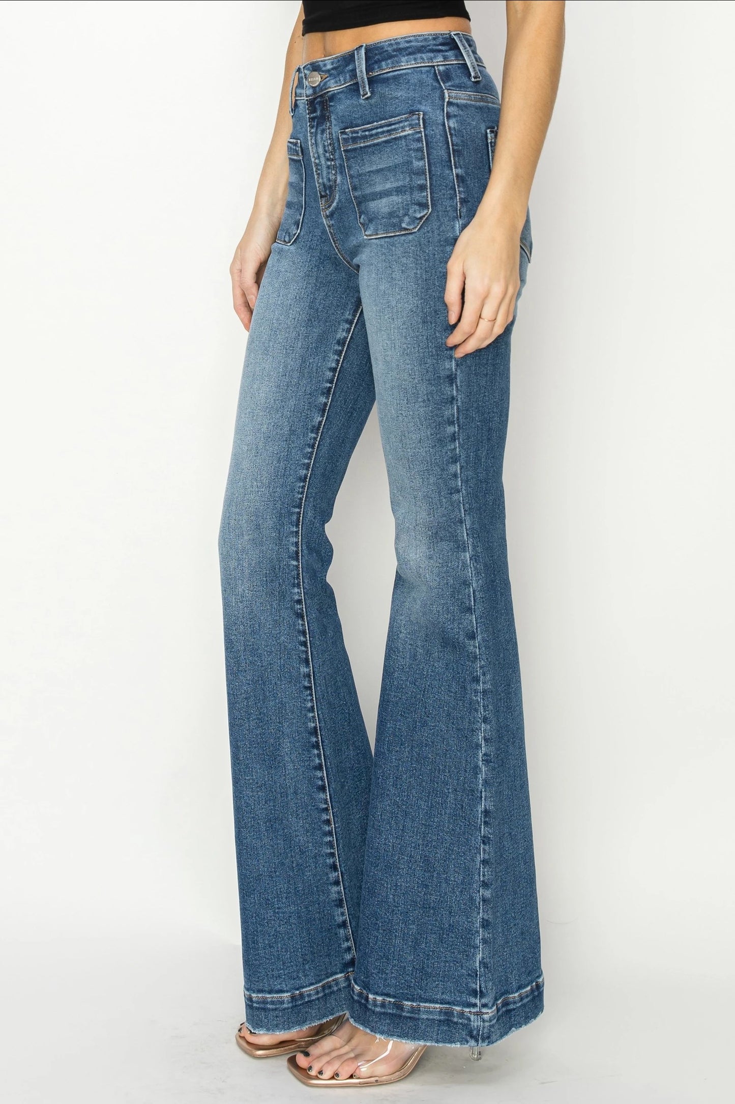 Risen High Rise Patch Pocket Flare Jeans