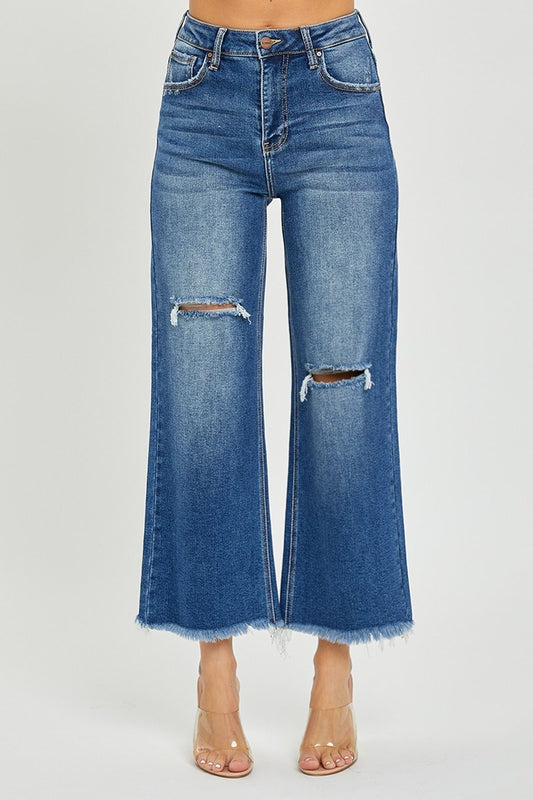 Risen High Rise Frayed Cropped Wide Leg Jean