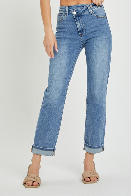 Risen High Rise Crossover Straight Leg Jeans