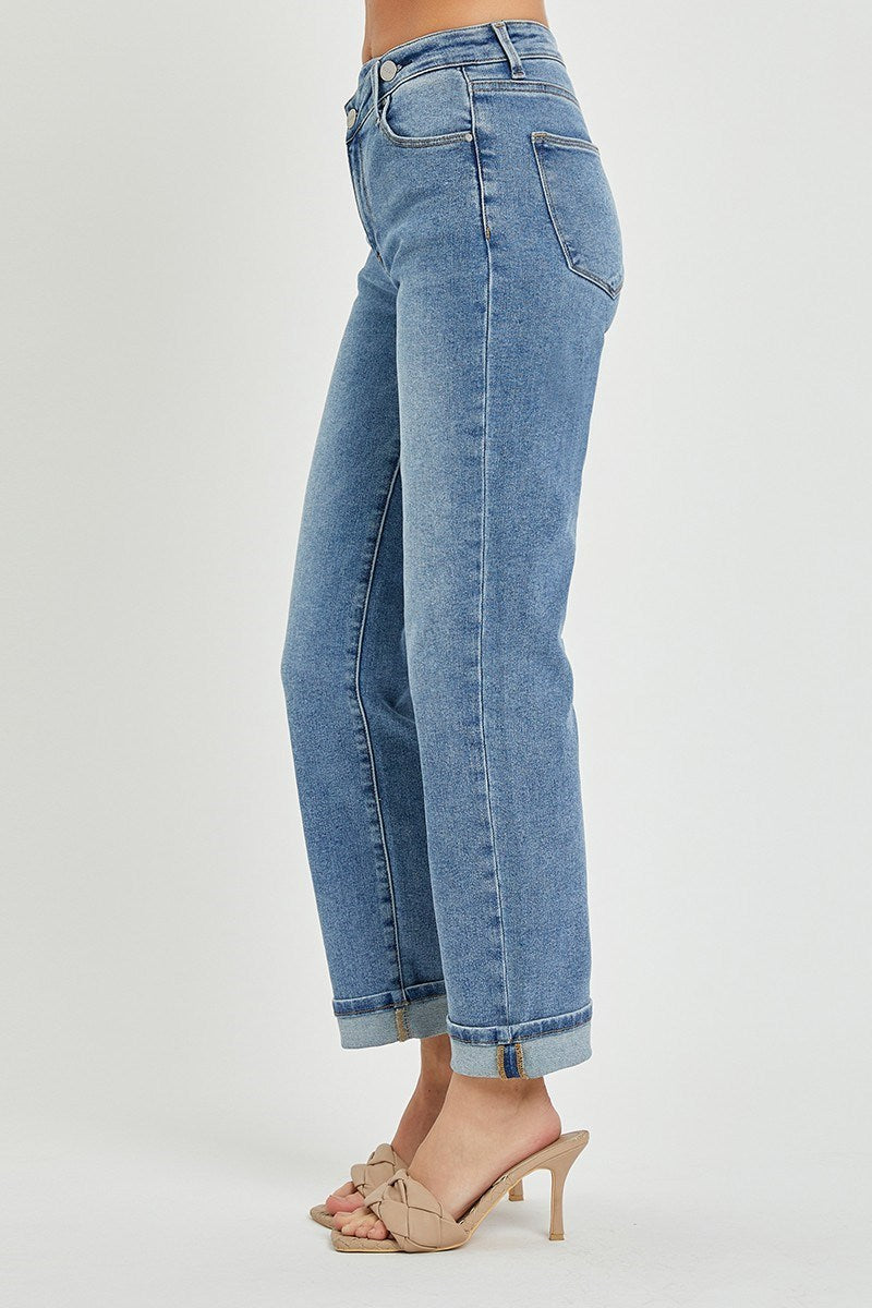 Risen High Rise Crossover Straight Leg Jeans