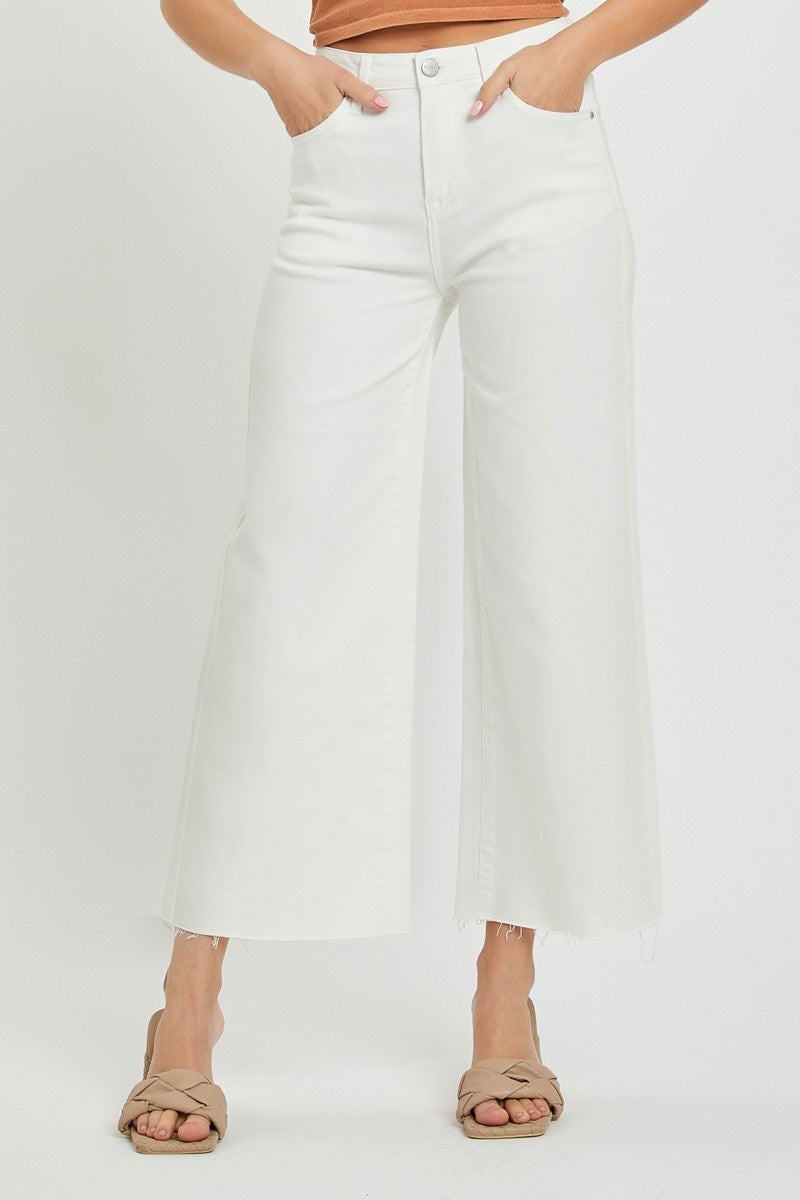 Risen High Rise White Wide Leg Crop Jeans