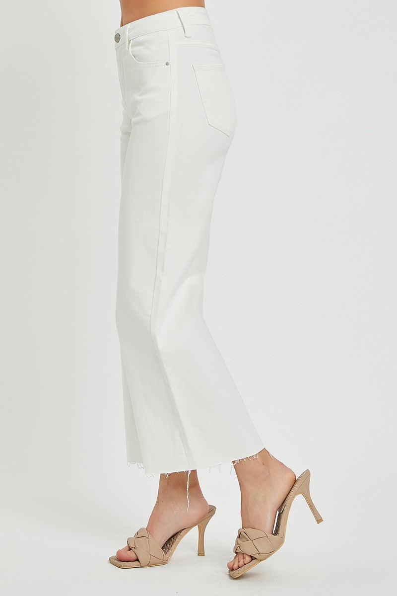 Risen High Rise White Wide Leg Crop Jeans