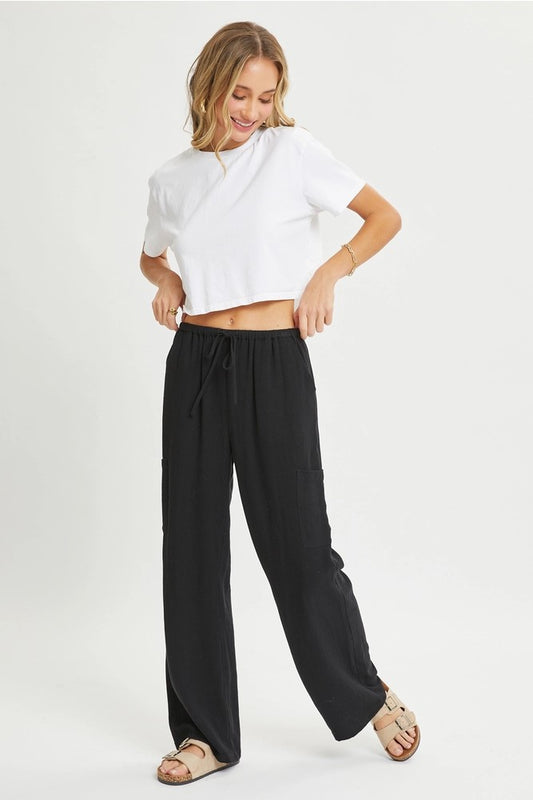 Linen Blend Drawstring Pants Black